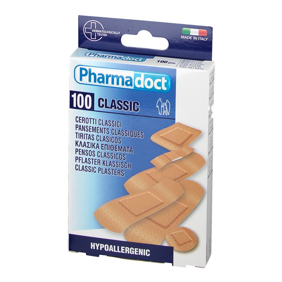 Boîte de pansements Pharmadoct 100 Classic. Différentes formes et tailles de pansements.