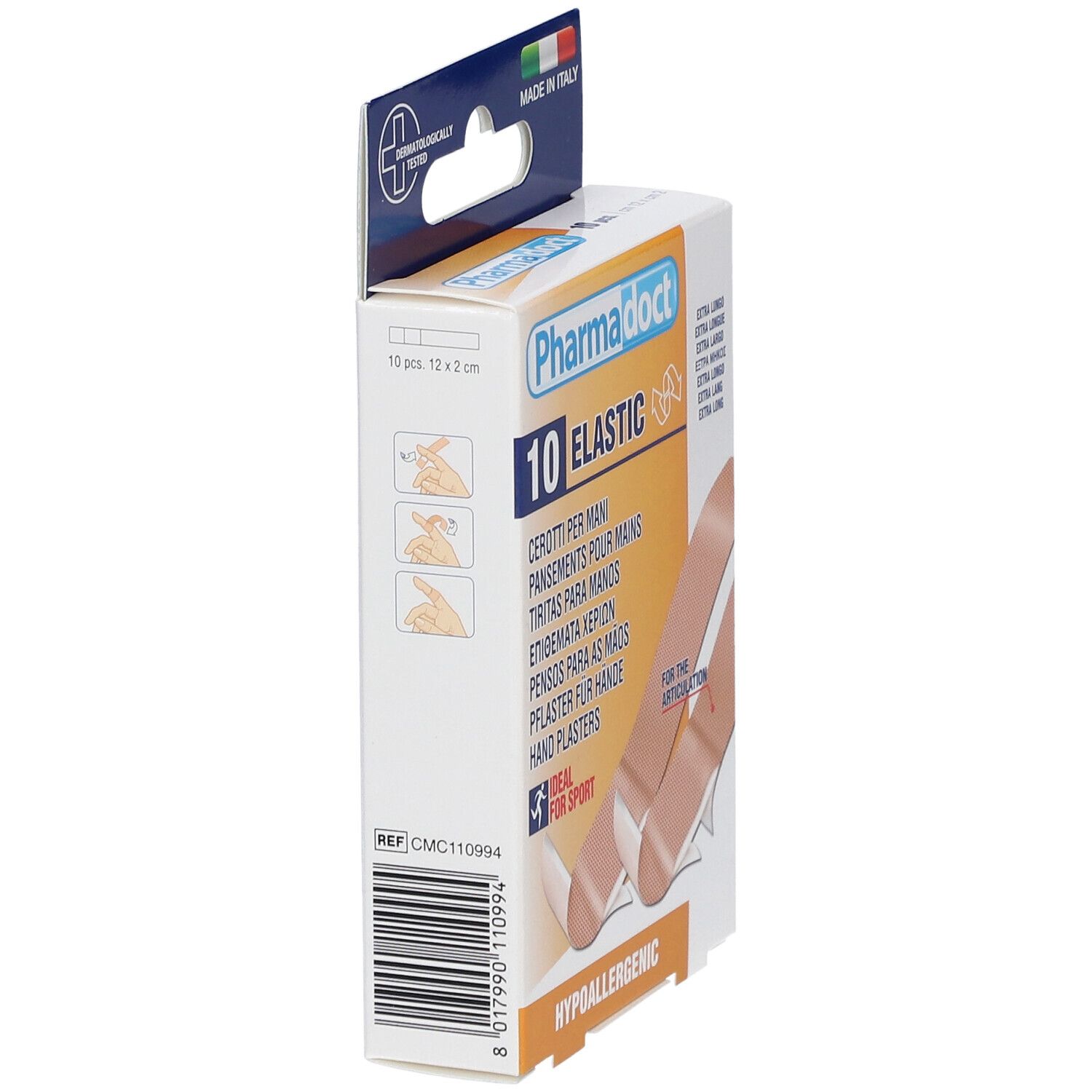 Vue latérale de la boîte de 10 pansements élastiques. Marque Pharmadoct, idéal pour le sport. Drapeau italien et test dermatologique.