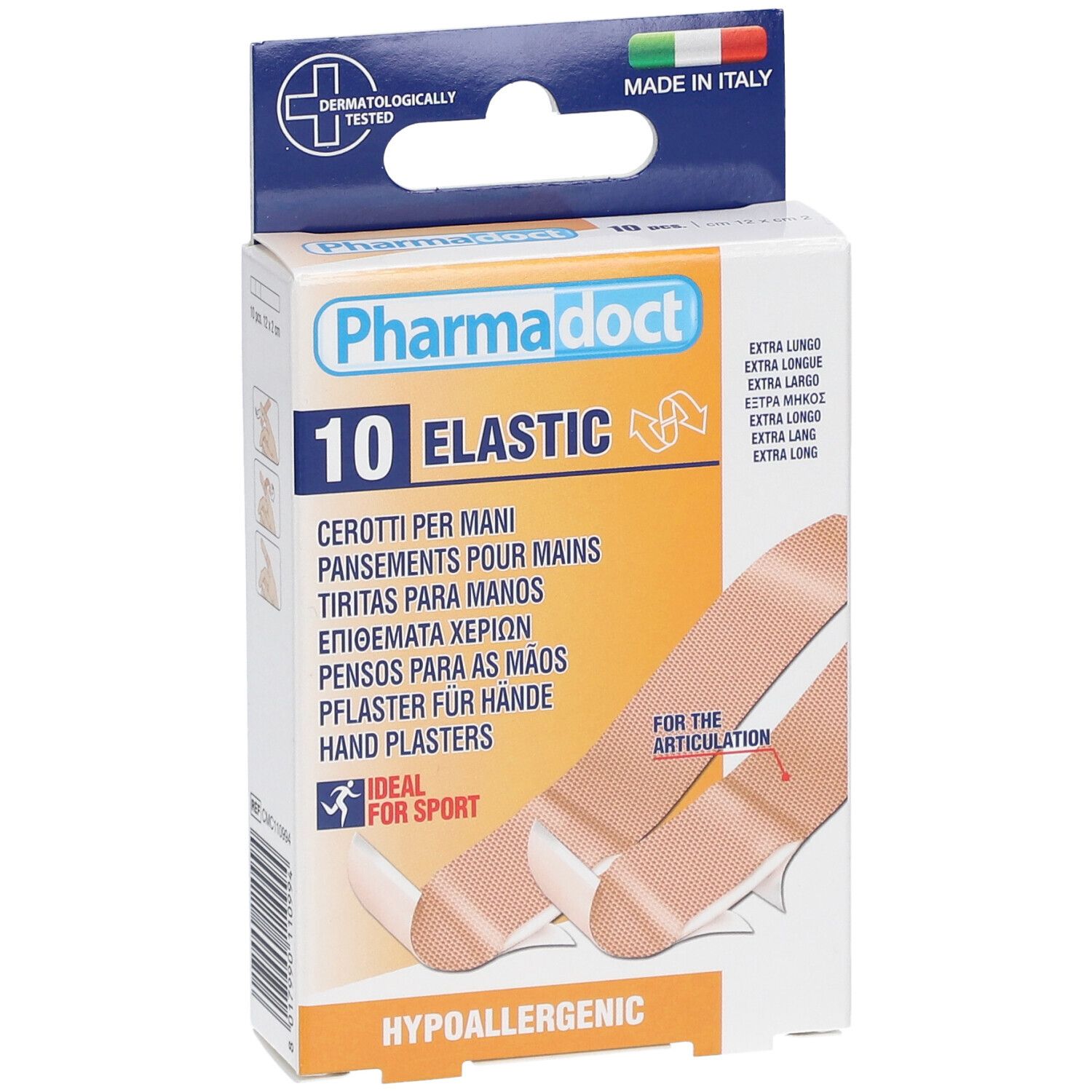 Vue de face de la boîte de 10 pansements élastiques. Marque Pharmadoct, testé dermatologiquement, idéal pour le sport. Fabriqué en Italie.