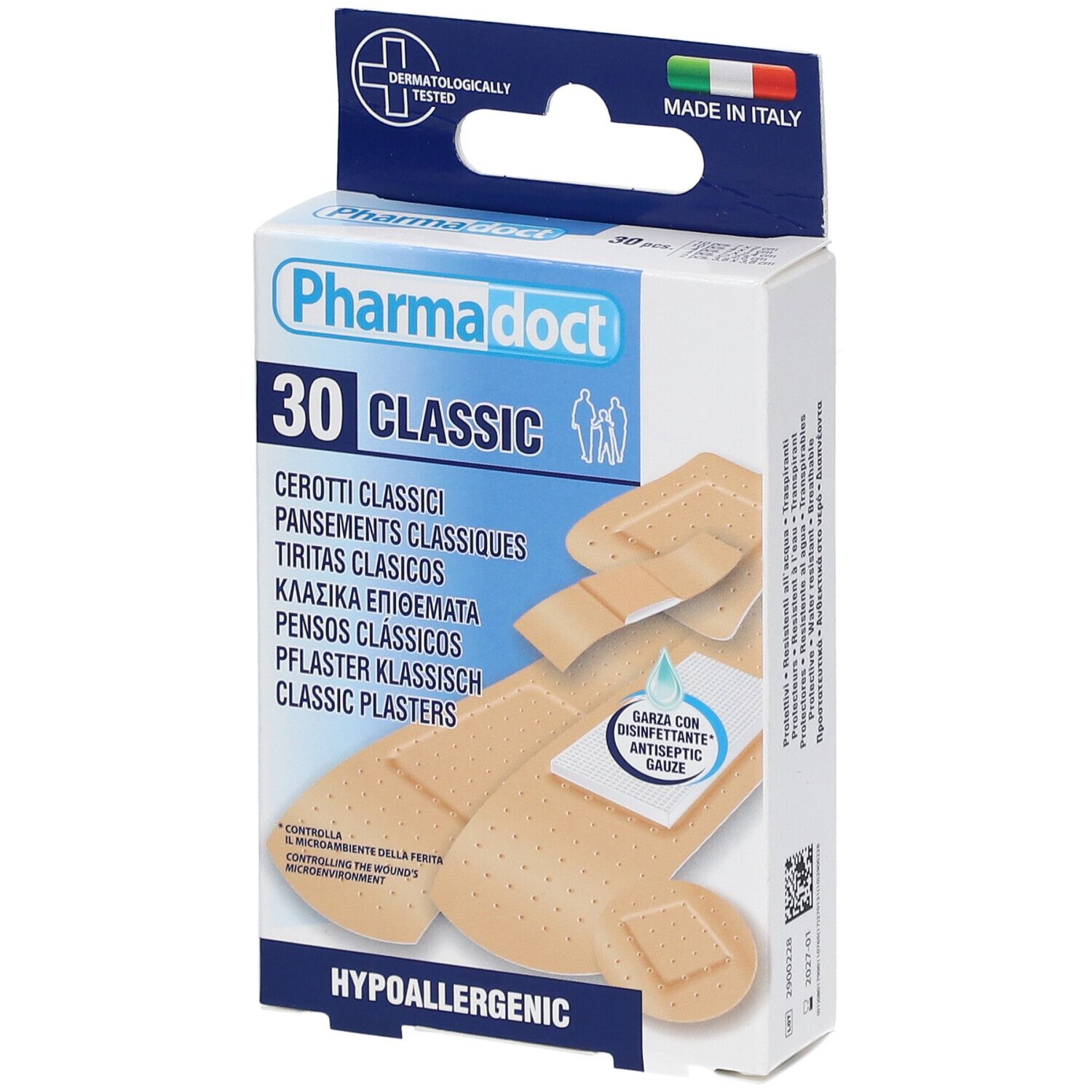 Boîte de pansements Pharmadoct 30 Classic. Avec compresse antiseptique. Hypoallergénique. Fabriqué en Italie.