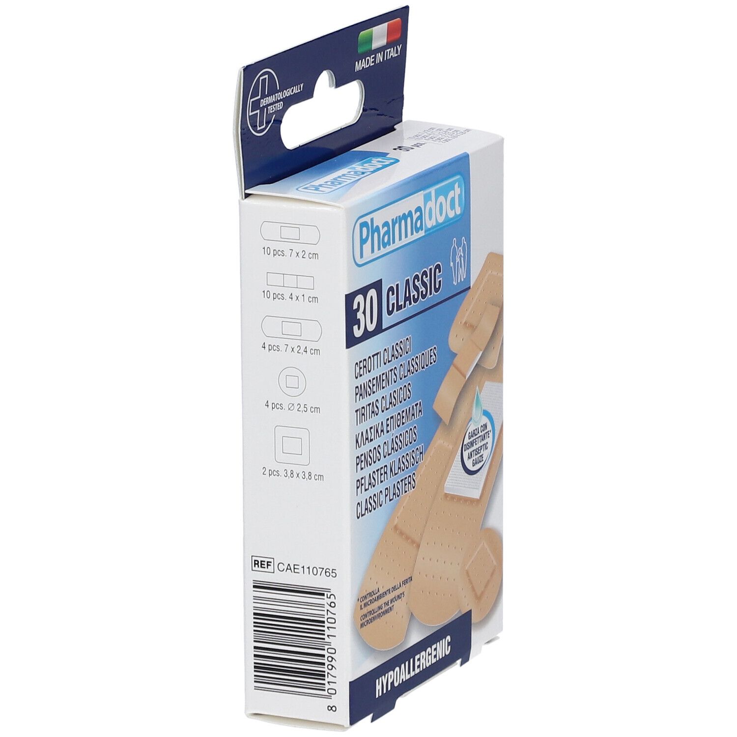 Boîte de pansements Pharmadoct 30 Classic. Tailles: 10x7x2cm, 10x4x1cm, 4x7x2.4cm, 4xØ2.5cm, 2x3.8x3.8cm.
