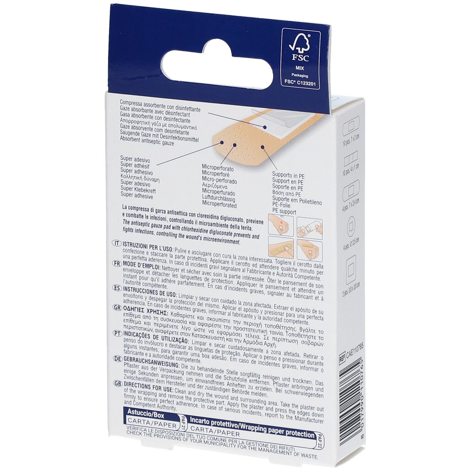 Dos de la boîte avec informations. Certification FSC. Instructions multilingues. Avec compresse antiseptique.