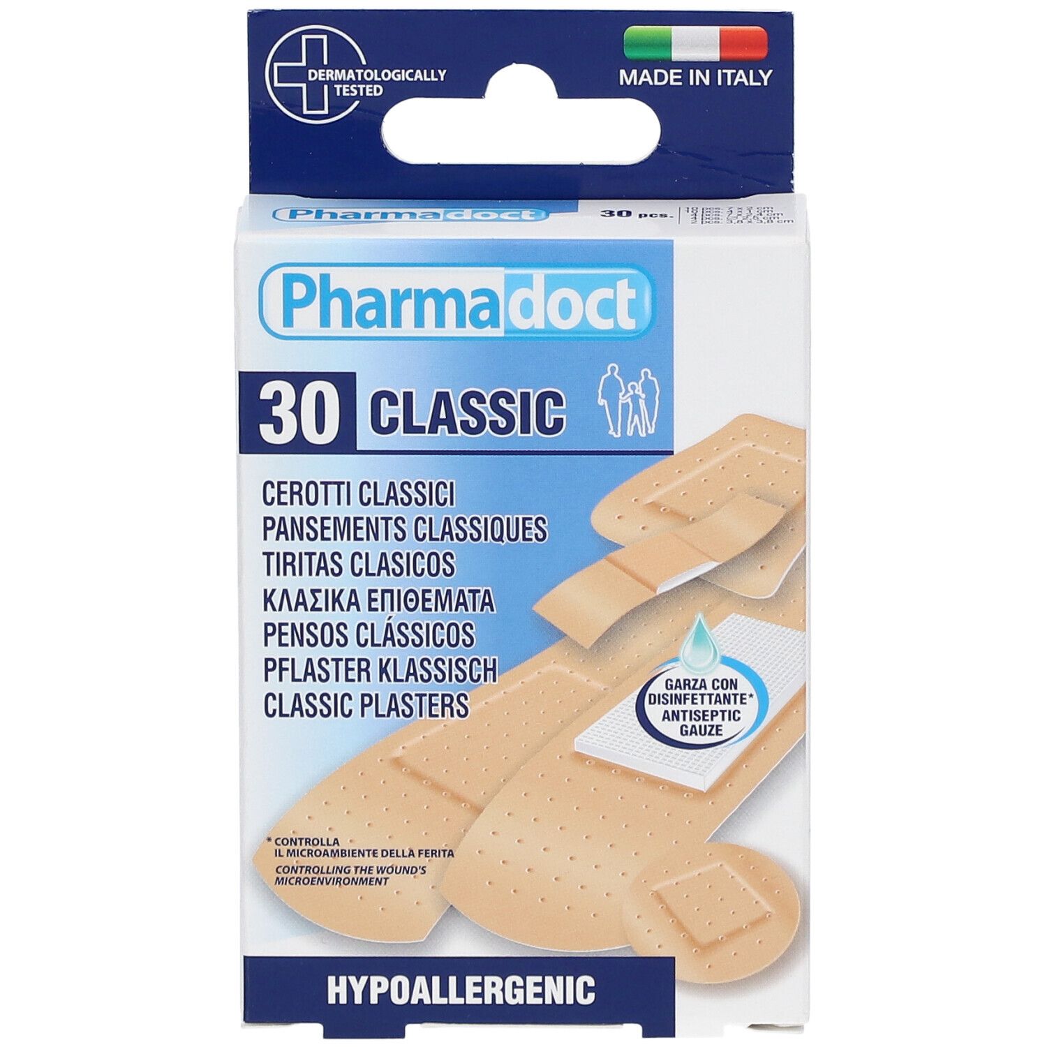 Boîte de pansements Pharmadoct 30 Classic. Avec compresse antiseptique. Hypoallergénique. Fabriqué en Italie.