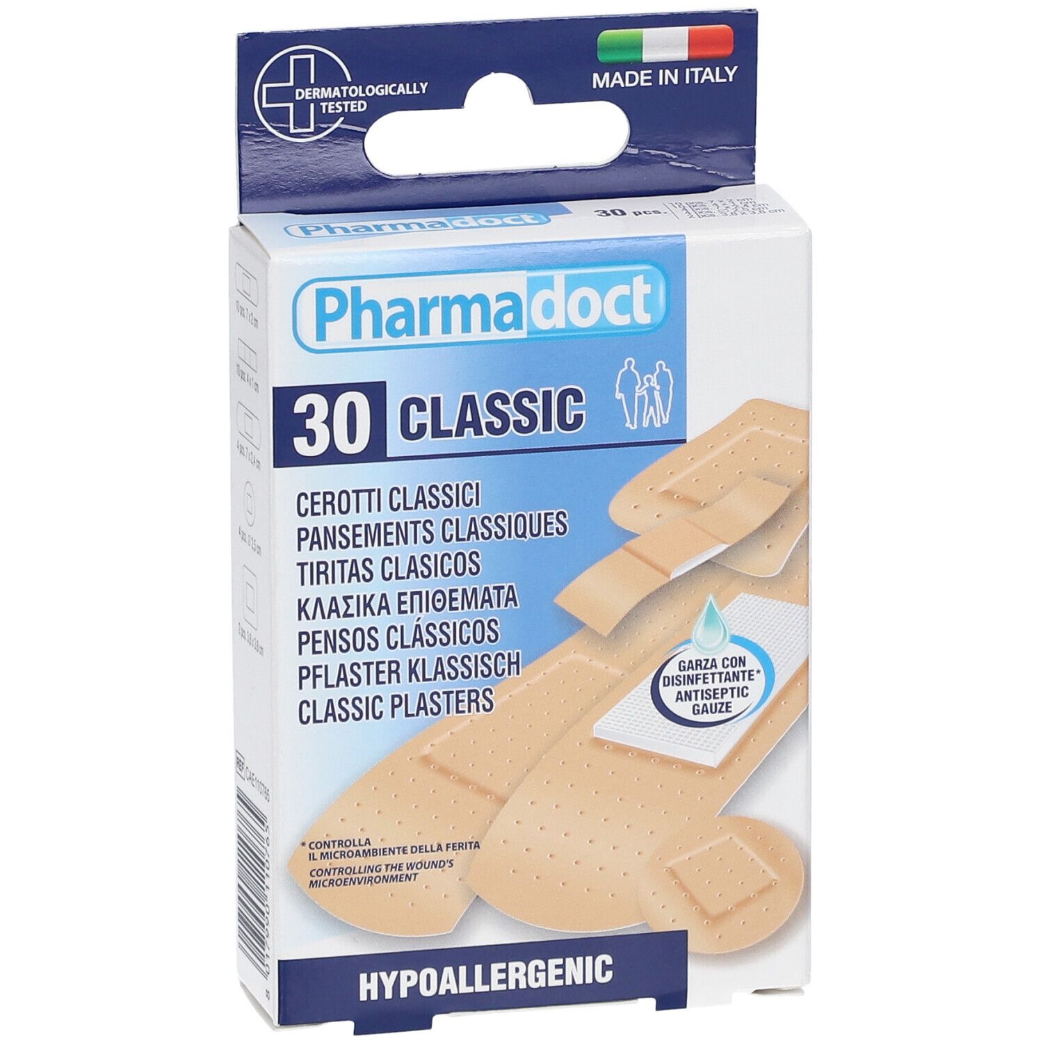 Boîte de pansements Pharmadoct 30 Classic. Avec compresse antiseptique. Hypoallergénique. Fabriqué en Italie.