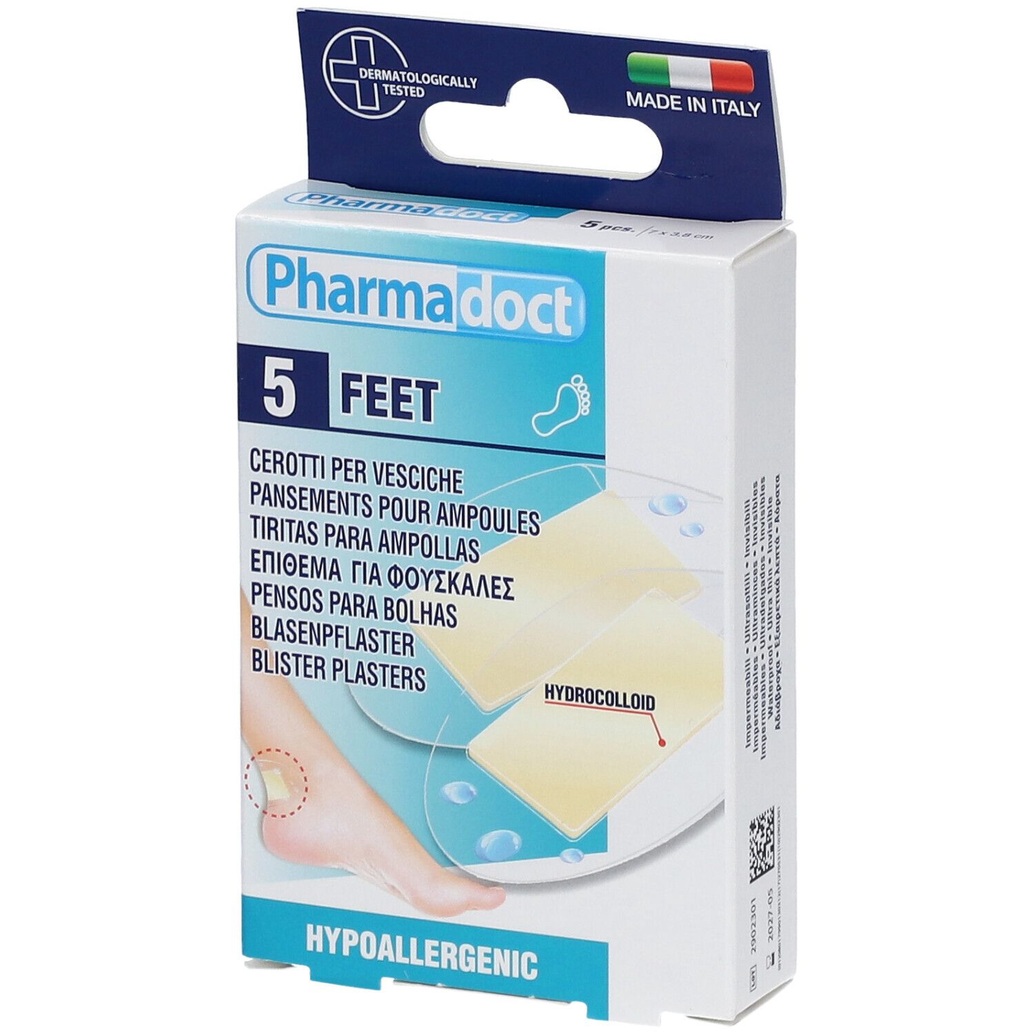 Boîte de pansements Pharmadoct Feet. Contient 5 pièces. Hydrocolloïde. Testé dermatologiquement. Fabriqué en Italie.