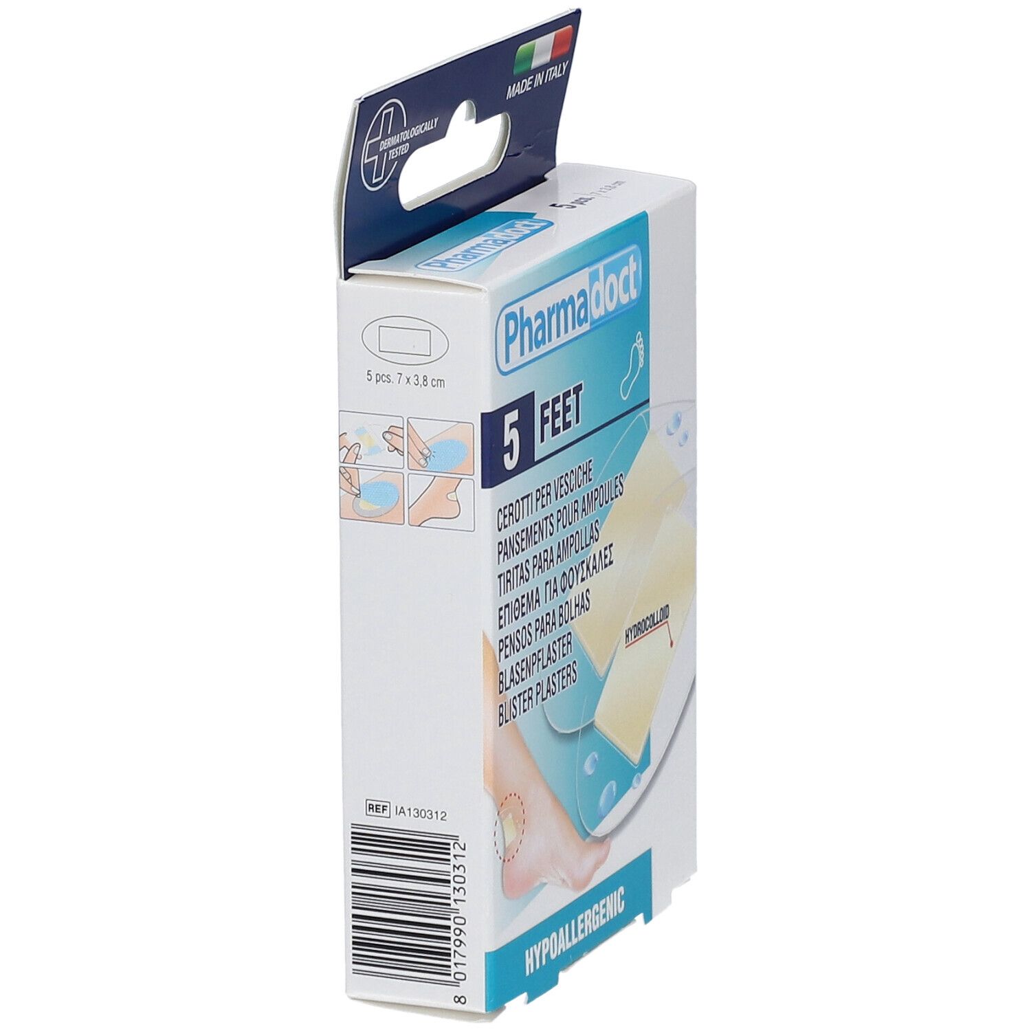 Vue latérale de la boîte de pansements Pharmadoct Feet. Contient 5 pièces. Hydrocolloïde. Hypoallergénique.