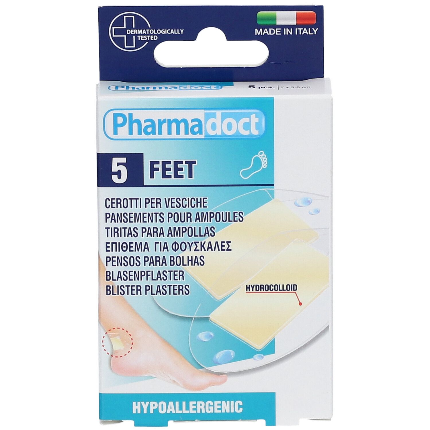 Boîte de pansements Pharmadoct Feet. Contient 5 pièces. Hydrocolloïde. Testé dermatologiquement. Fabriqué en Italie.