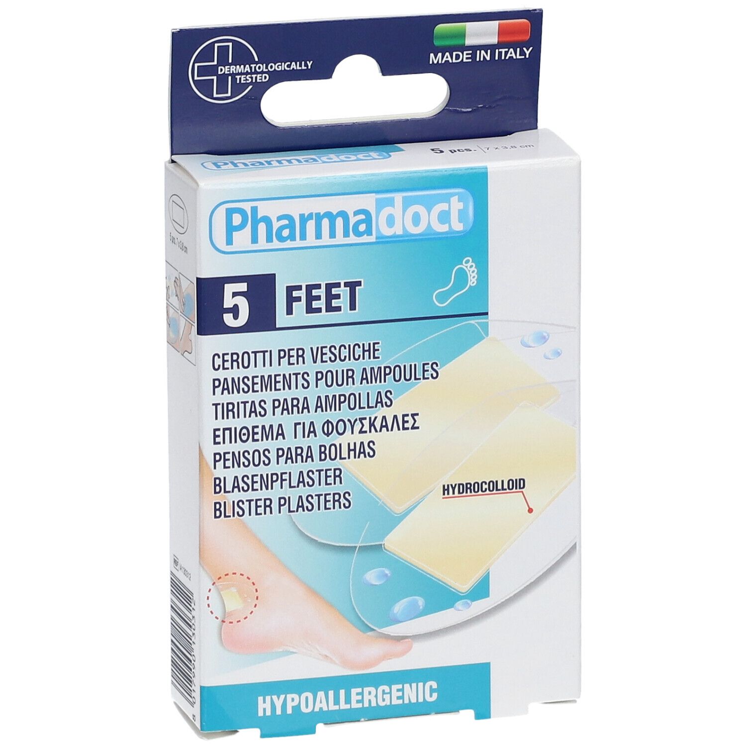 Boîte de pansements Pharmadoct Feet. Contient 5 pièces. Hydrocolloïde. Testé dermatologiquement. Fabriqué en Italie.