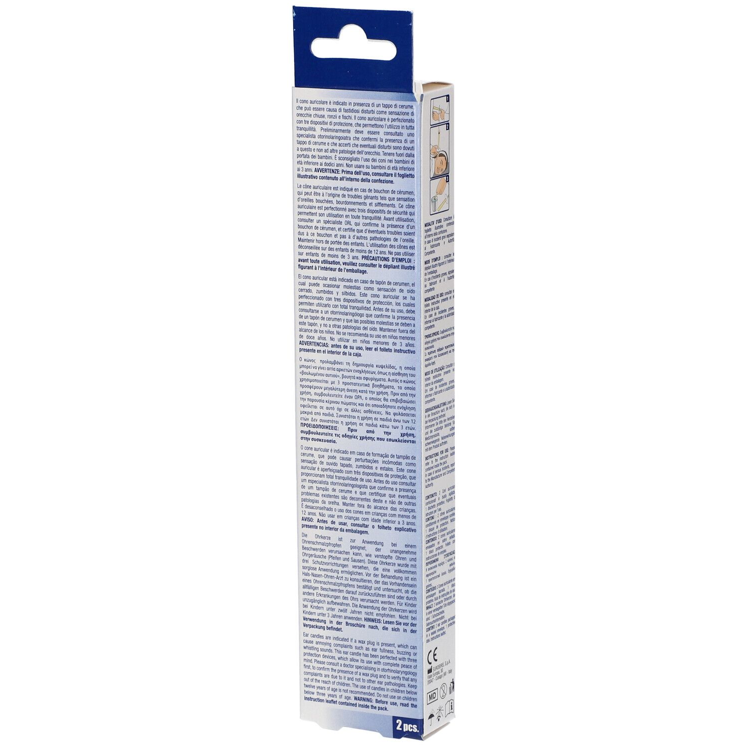 Emballage fin avec texte multilingue. Informations et instructions sur le produit. Marquage CE.