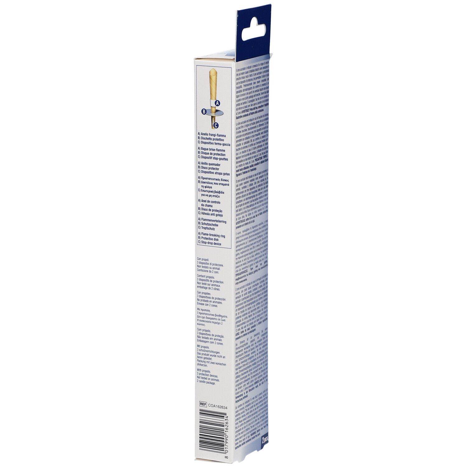 Emballage fin avec texte multilingue. Informations et instructions sur le produit. Code-barres.