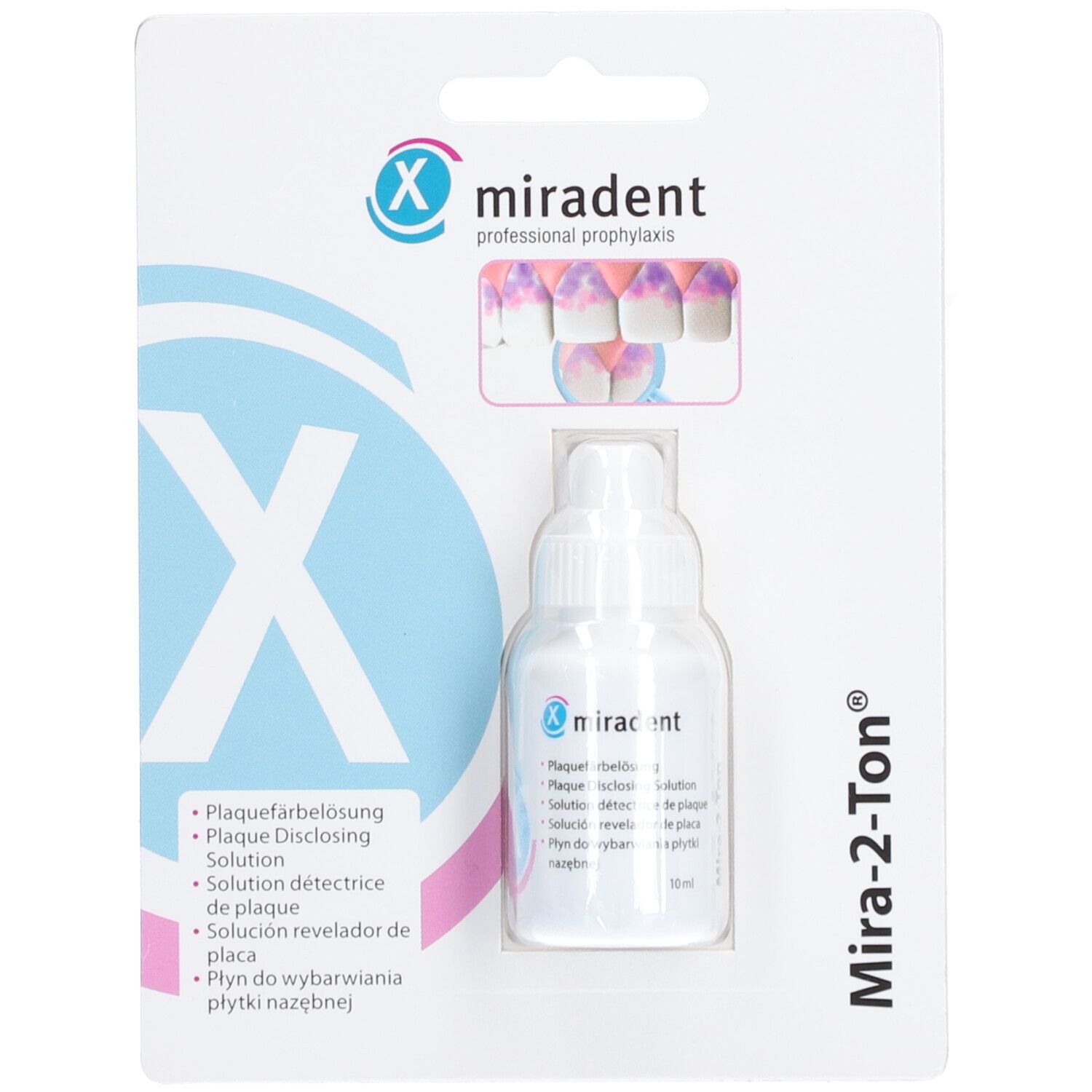 Solution Miradent Mira-2-Ton® pour révéler la plaque dentaire, en emballage. Flacon et exemple d'application. Emballage blister avec nom du produit.
