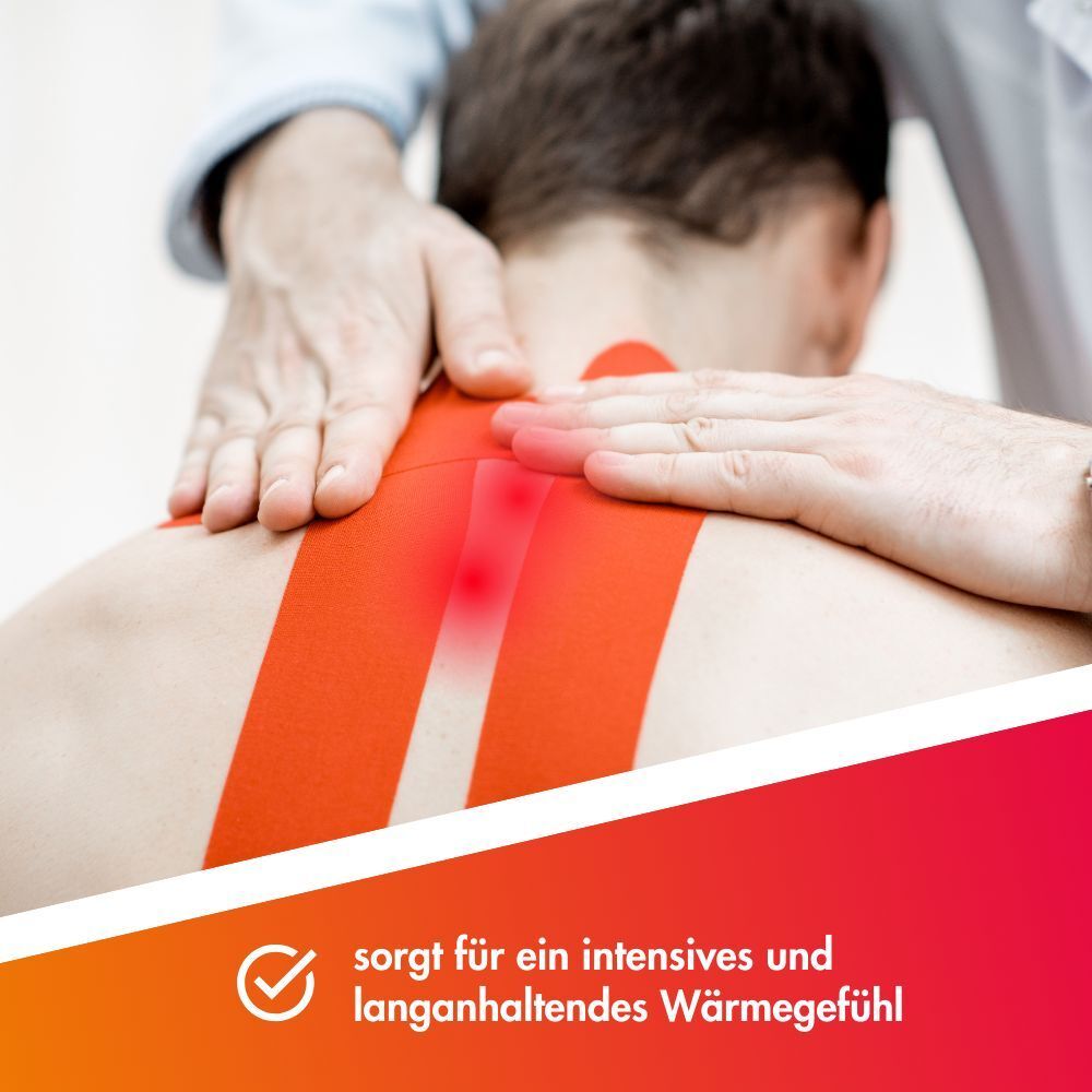 Dos d'un homme avec du tape kinesiologique rouge et les mains d'un thérapeute. Une lueur rouge indique la chaleur.