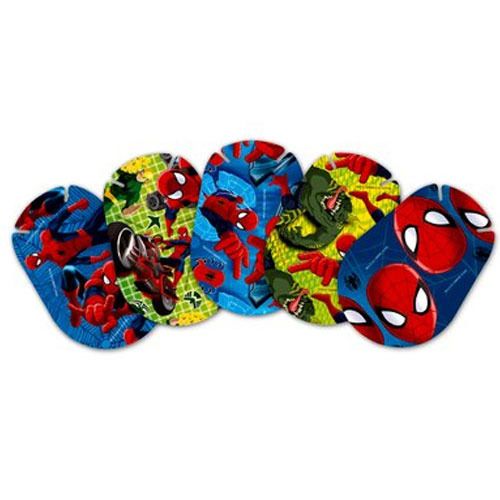 Plusieurs patchs oculaires avec des motifs Spiderman. Couleurs et motifs variés.