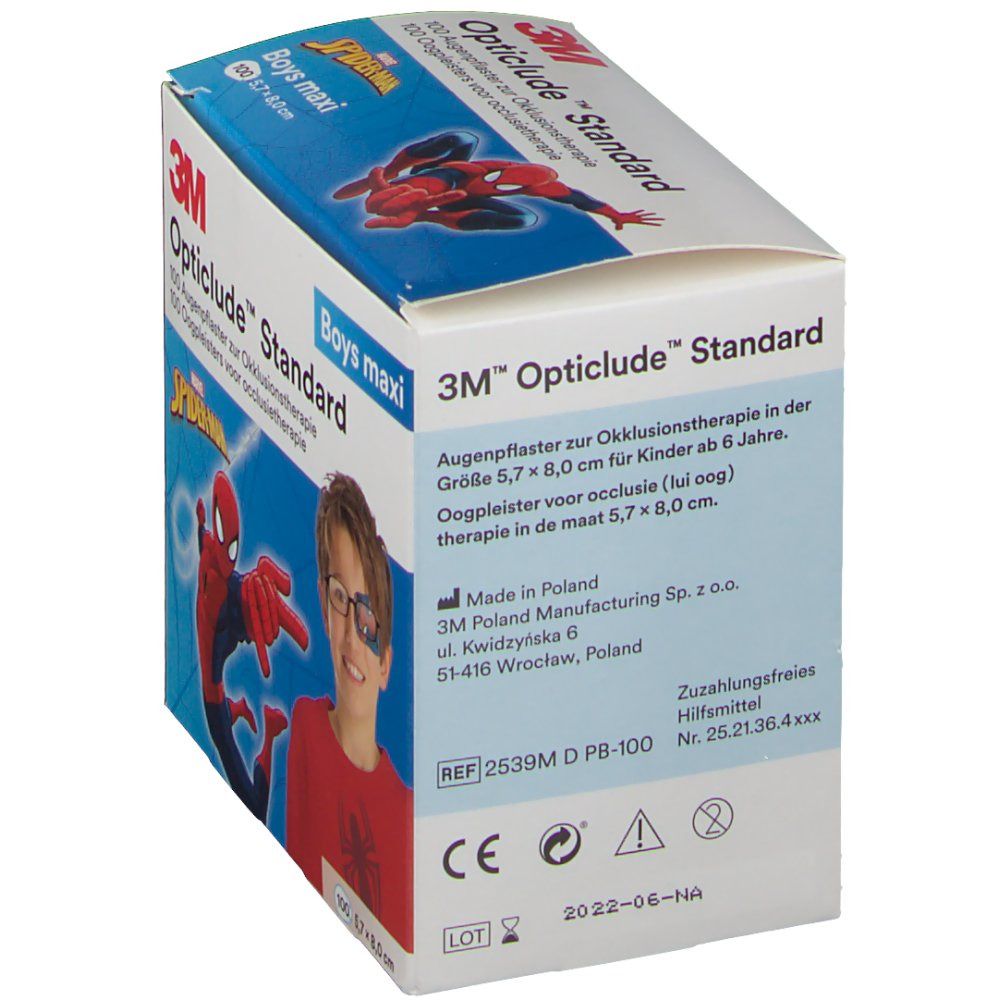 Emballage de patchs oculaires 3M Opticlude. Design Spiderman. Texte: Opticlude Standard, Boys maxi.