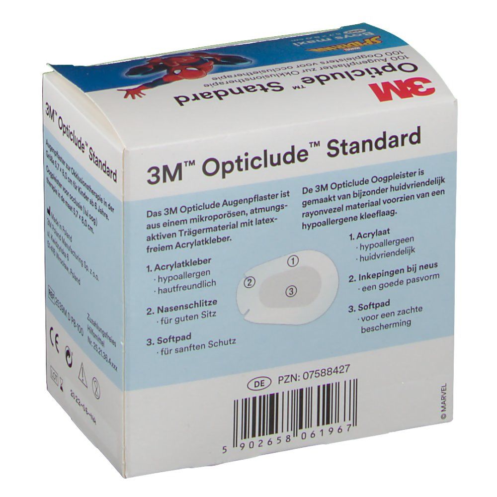 Emballage de patchs oculaires 3M Opticlude. Texte: Opticlude Standard. Illustration et informations.