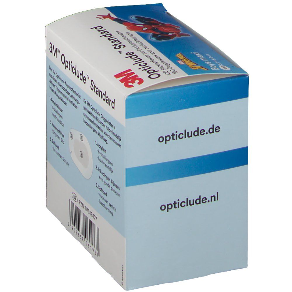 Emballage de patchs oculaires 3M Opticlude. Texte: Opticlude Standard. Adresse du site web.
