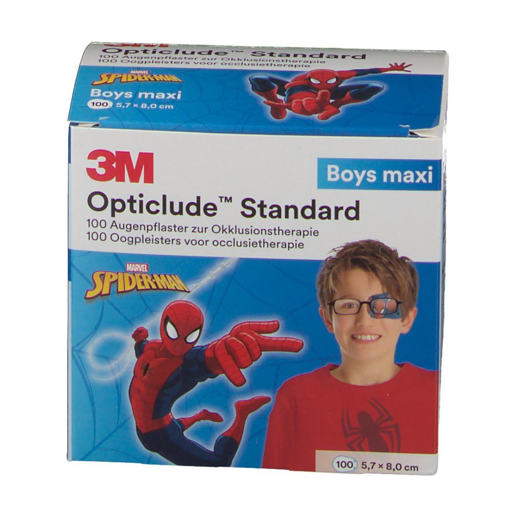 Emballage de patchs oculaires 3M Opticlude. Design Spiderman. Garçon avec un patch oculaire.