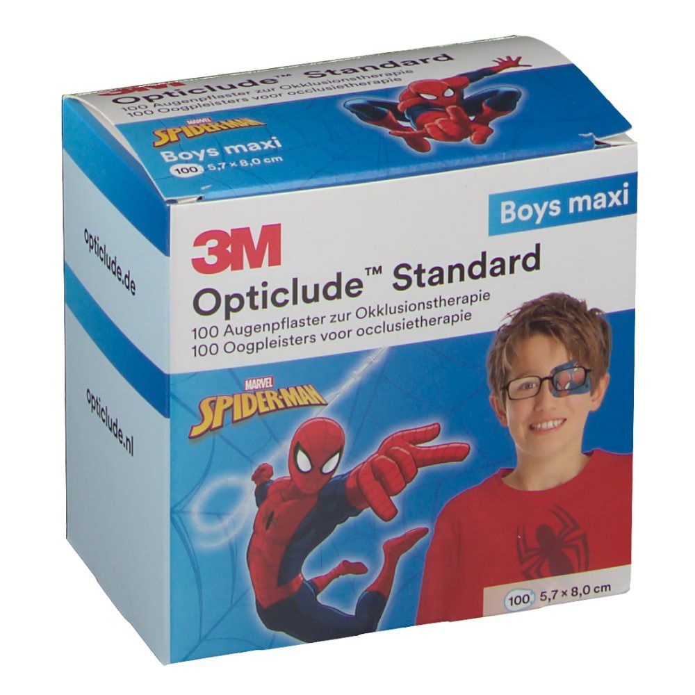 Emballage de patchs oculaires 3M Opticlude. Design Spiderman. Garçon avec un patch oculaire.