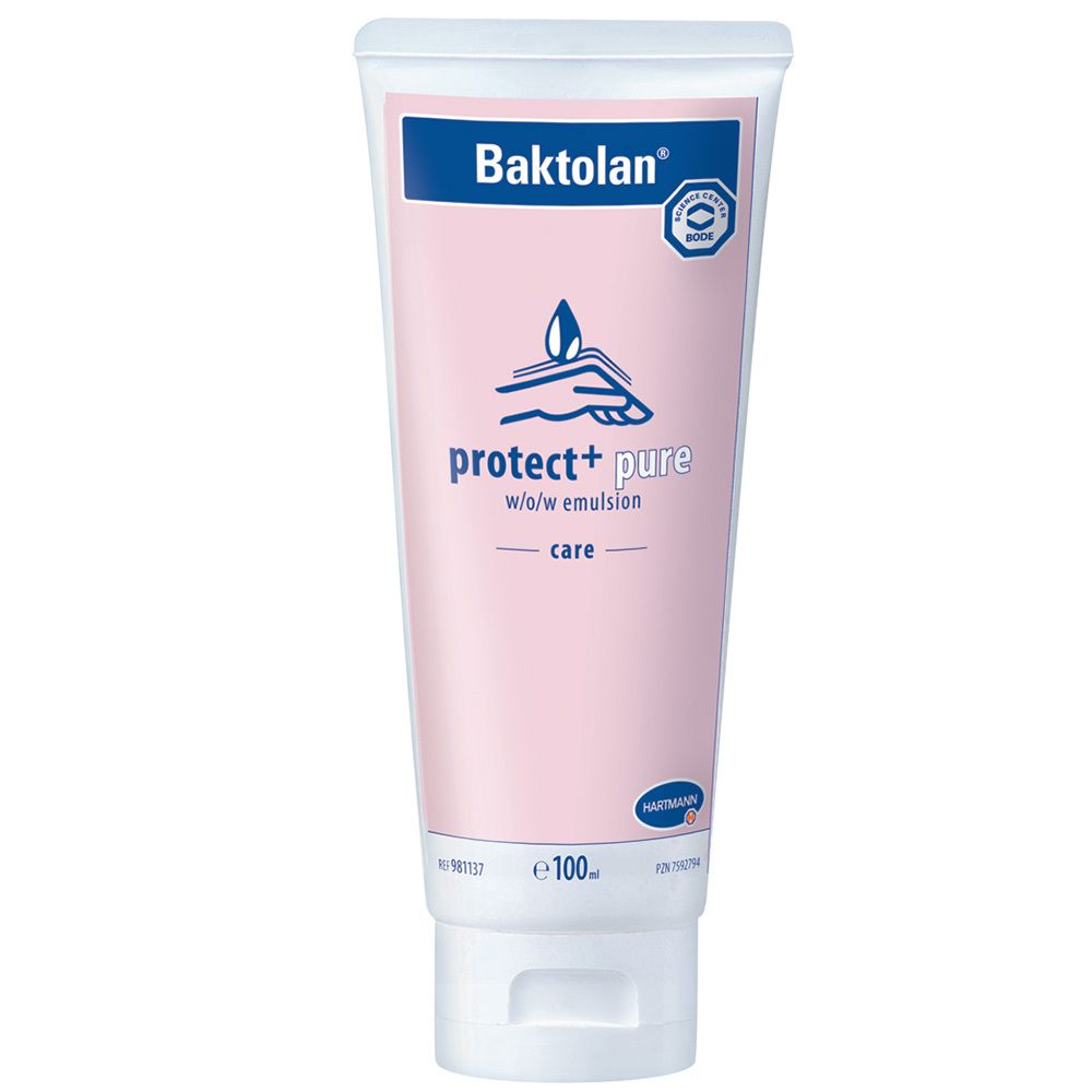 Tube de crème Baktolan protect+ pure. Tube rose avec bouchon blanc. Logo et nom du produit sur le devant.