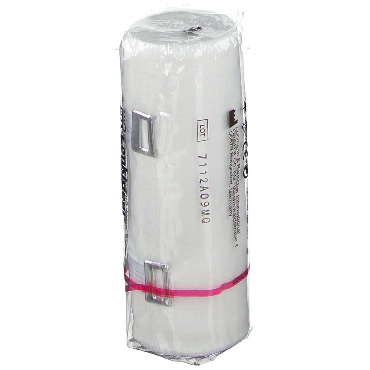 Bande élastique universelle blanche, emballée dans du film plastique. Fixée avec des clips métalliques et un élastique rose. Inscriptions et numéro de lot.
