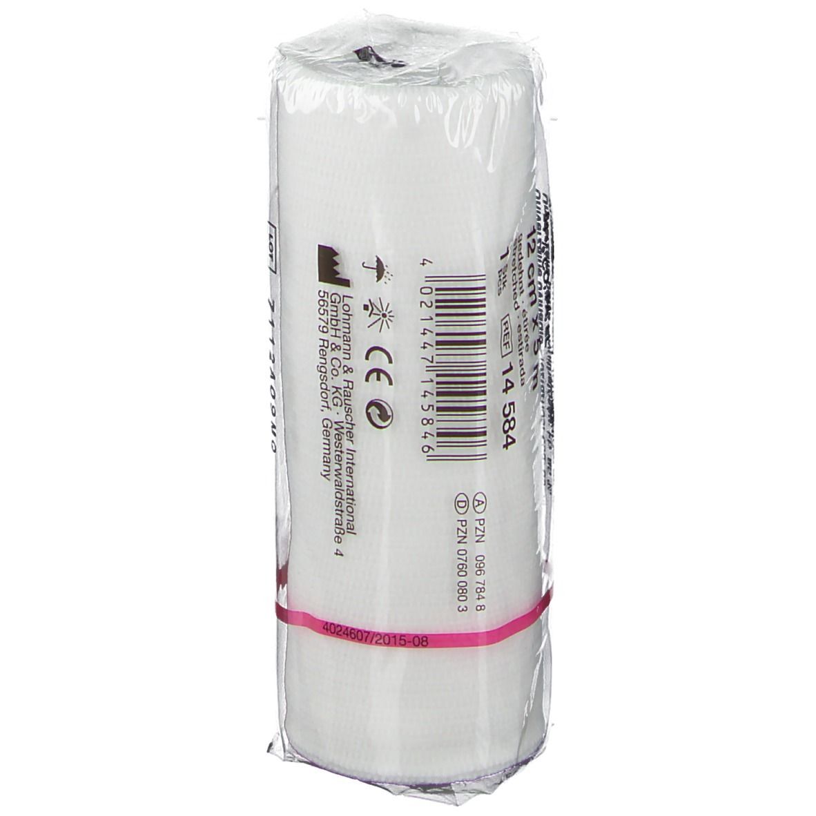 Pansement blanc en emballage plastique. Fixé avec un élastique rose. Inscriptions avec informations sur le produit, marquage CE et code-barres.