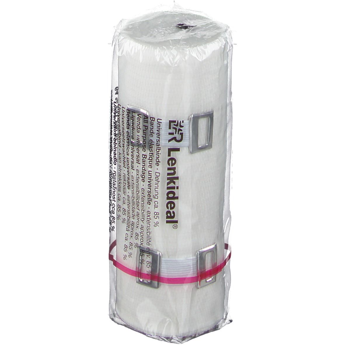 Bande élastique universelle blanche, emballée dans du film plastique. Fixée avec des clips métalliques et un élastique rose. Inscription : Lenkideal.