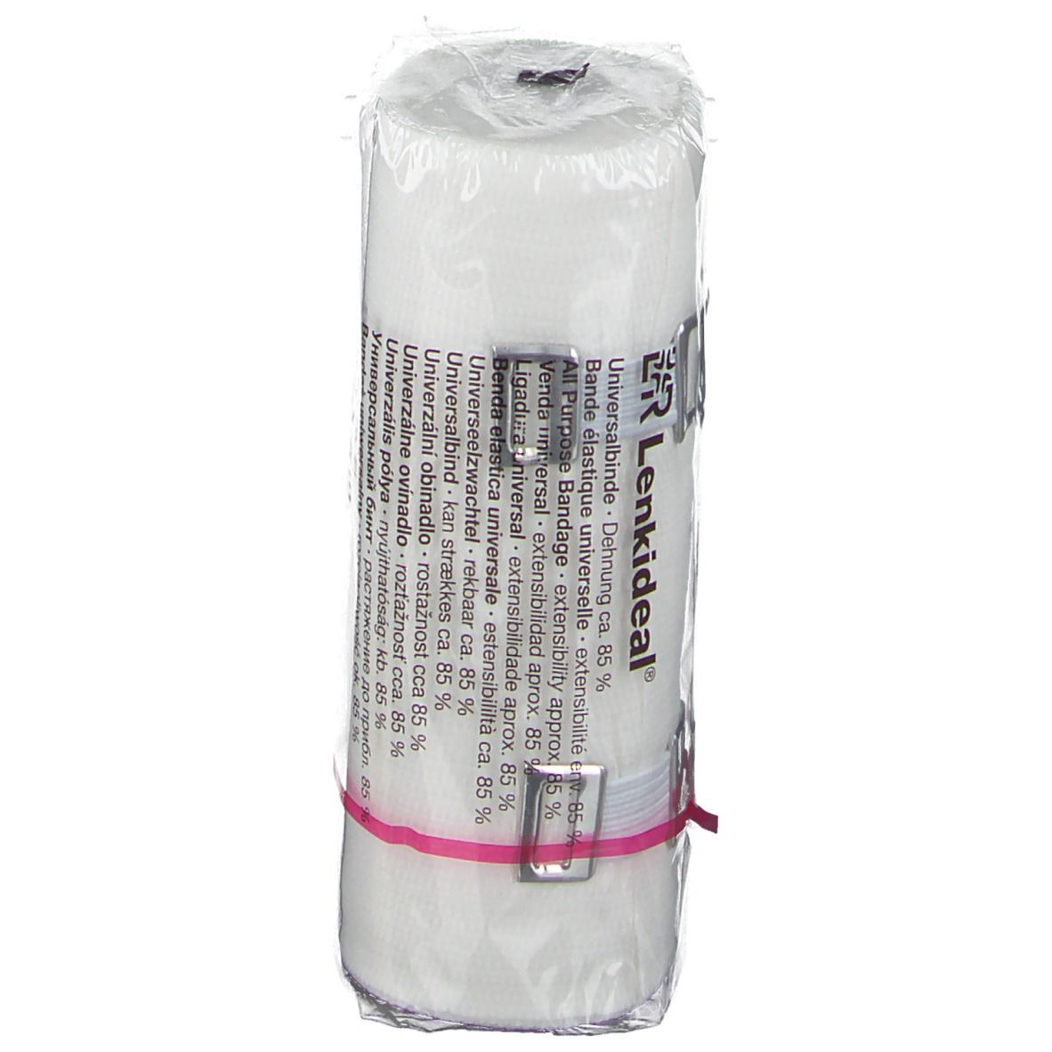 Bande élastique universelle blanche, emballée dans du film plastique. Fixée avec des clips métalliques et un élastique rose. Inscriptions avec informations sur le produit.