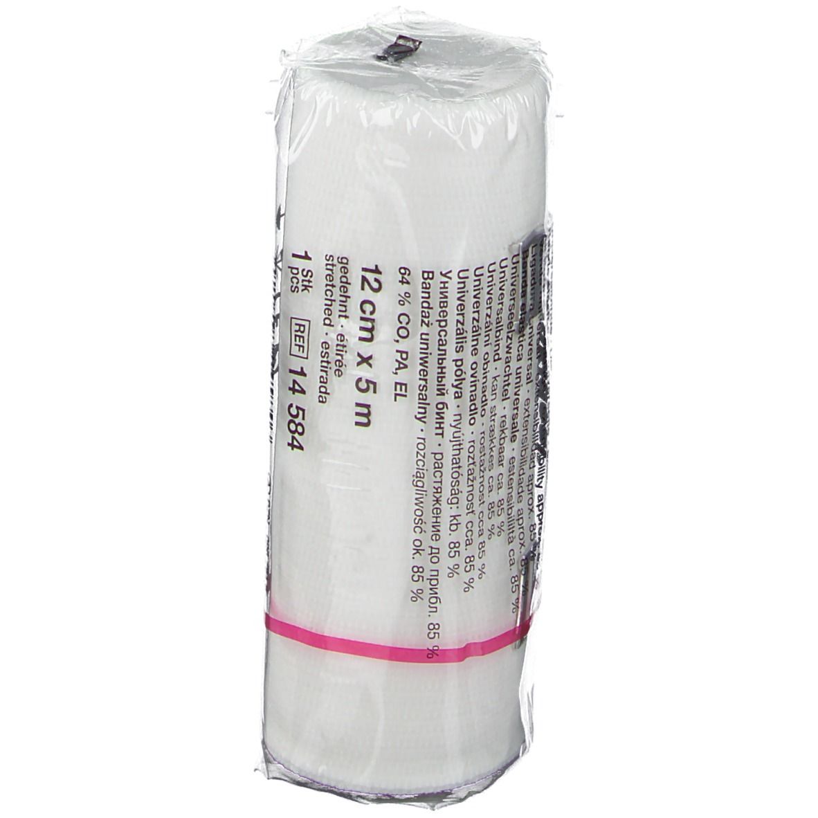 Bande élastique blanche, 12 cm x 5 m, emballée dans du film plastique. Fixée avec un élastique rose. Inscriptions avec informations sur le produit et taille.