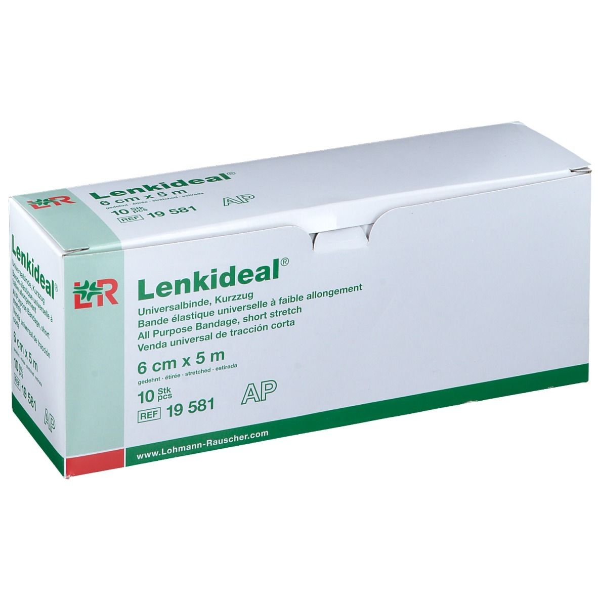 Emballage Lenkideal® Idealbinde, 6 cm x 5 m. Blanc et vert. Nom du produit et détails clairement visibles.