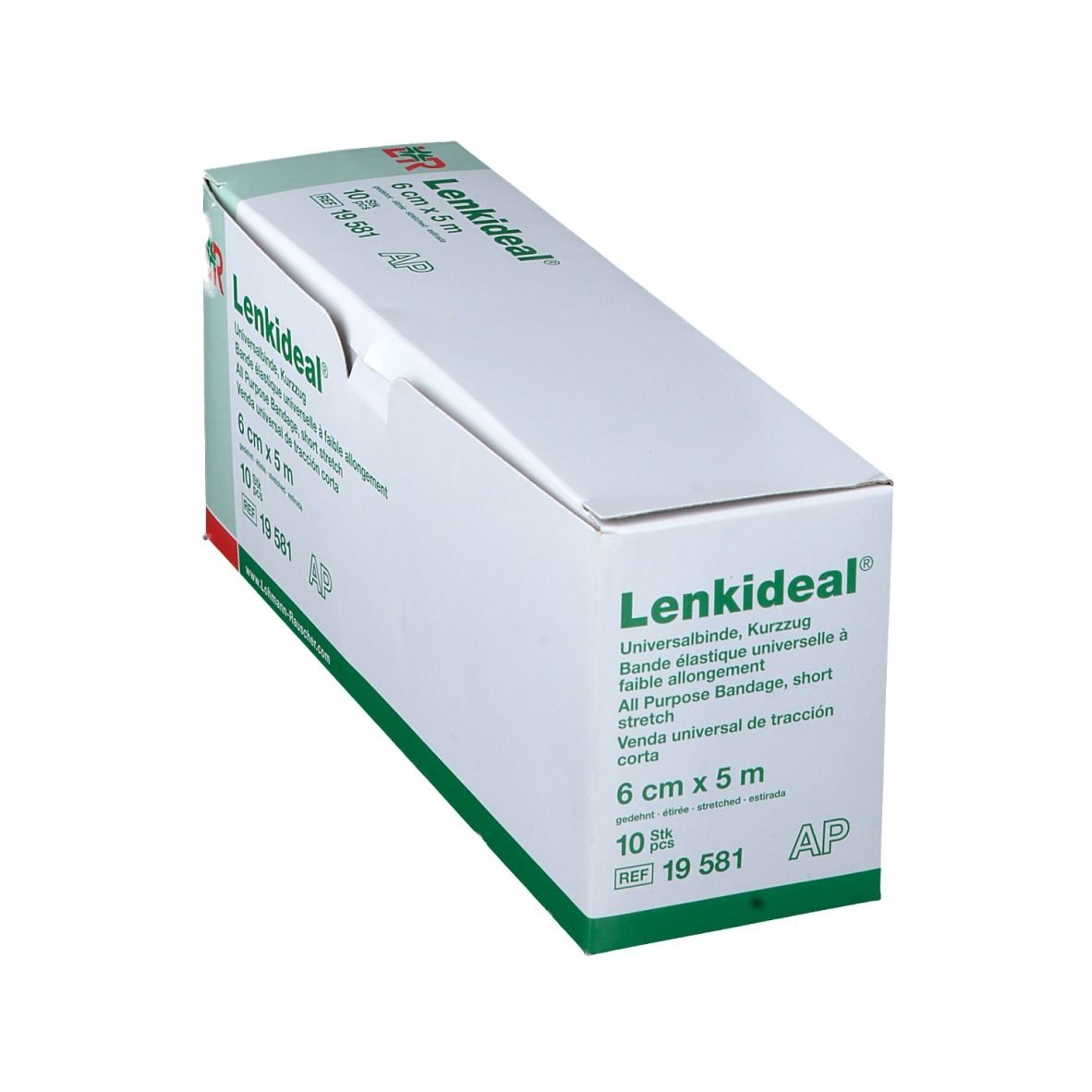 Emballage Lenkideal® Idealbinde, 6 cm x 5 m en biais. Blanc et vert. Nom du produit visible.