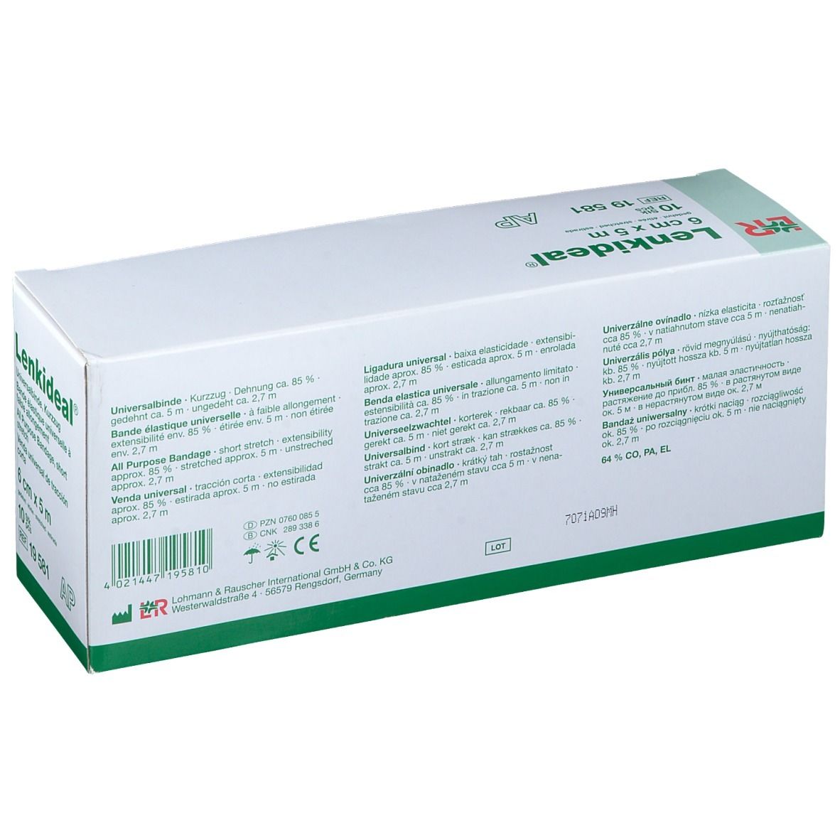 Emballage Lenkideal® Idealbinde, 6 cm x 5 m. Informations multilingues sur fond blanc.