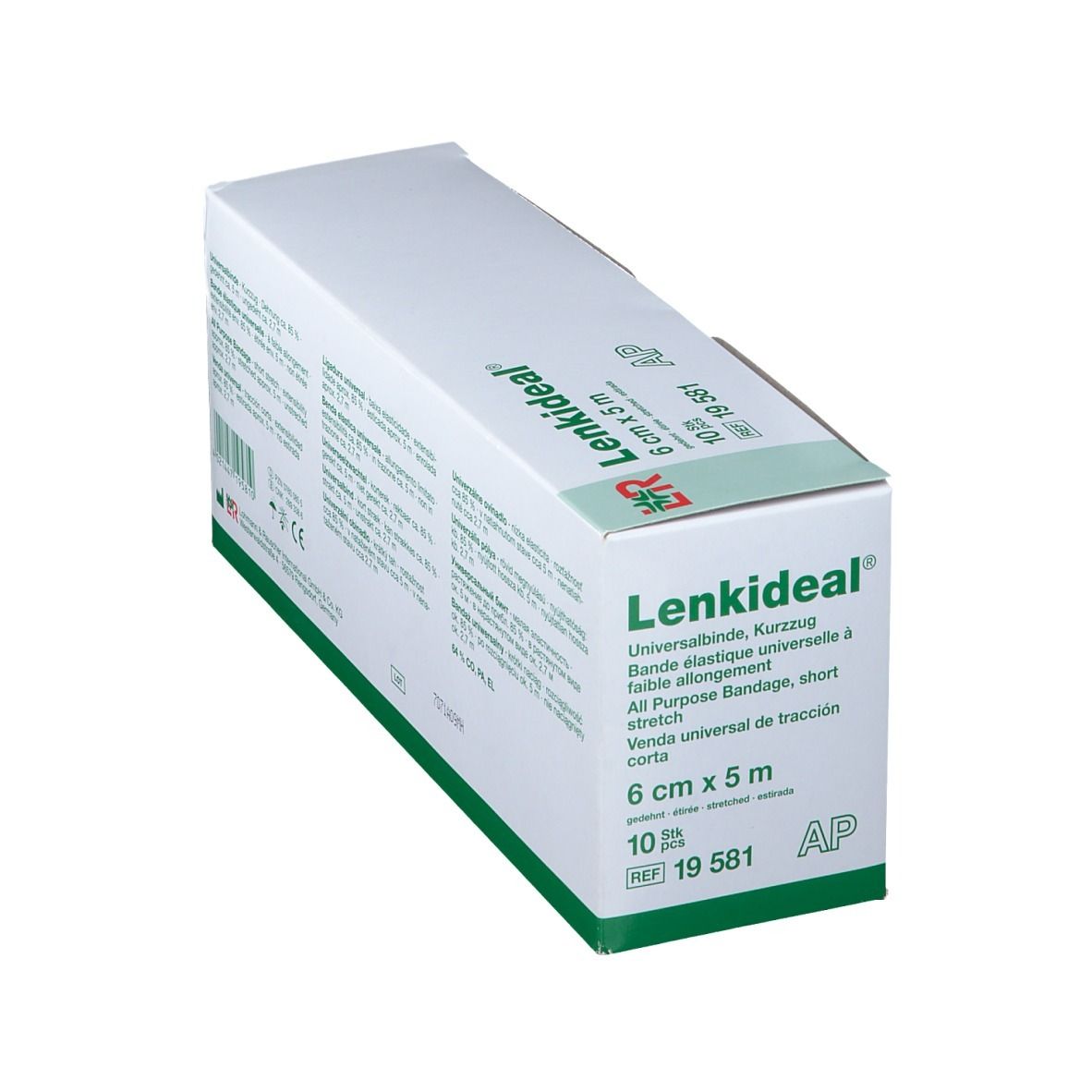 Emballage Lenkideal® Idealbinde, 6 cm x 5 m en biais. Blanc et vert. Nom du produit visible.