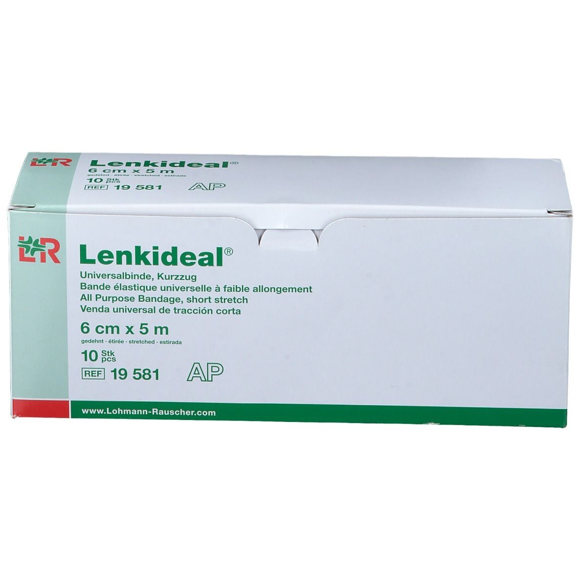 Emballage Lenkideal® Idealbinde, 6 cm x 5 m. Blanc et vert. Nom du produit et détails clairement visibles.