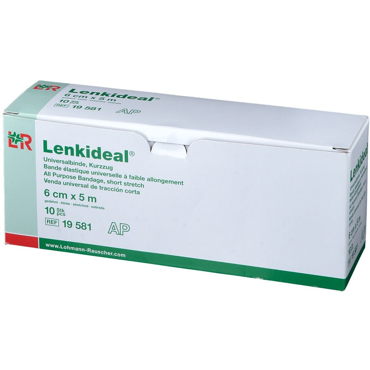 Emballage Lenkideal® Idealbinde, 6 cm x 5 m. Blanc et vert. Nom du produit et détails clairement visibles.