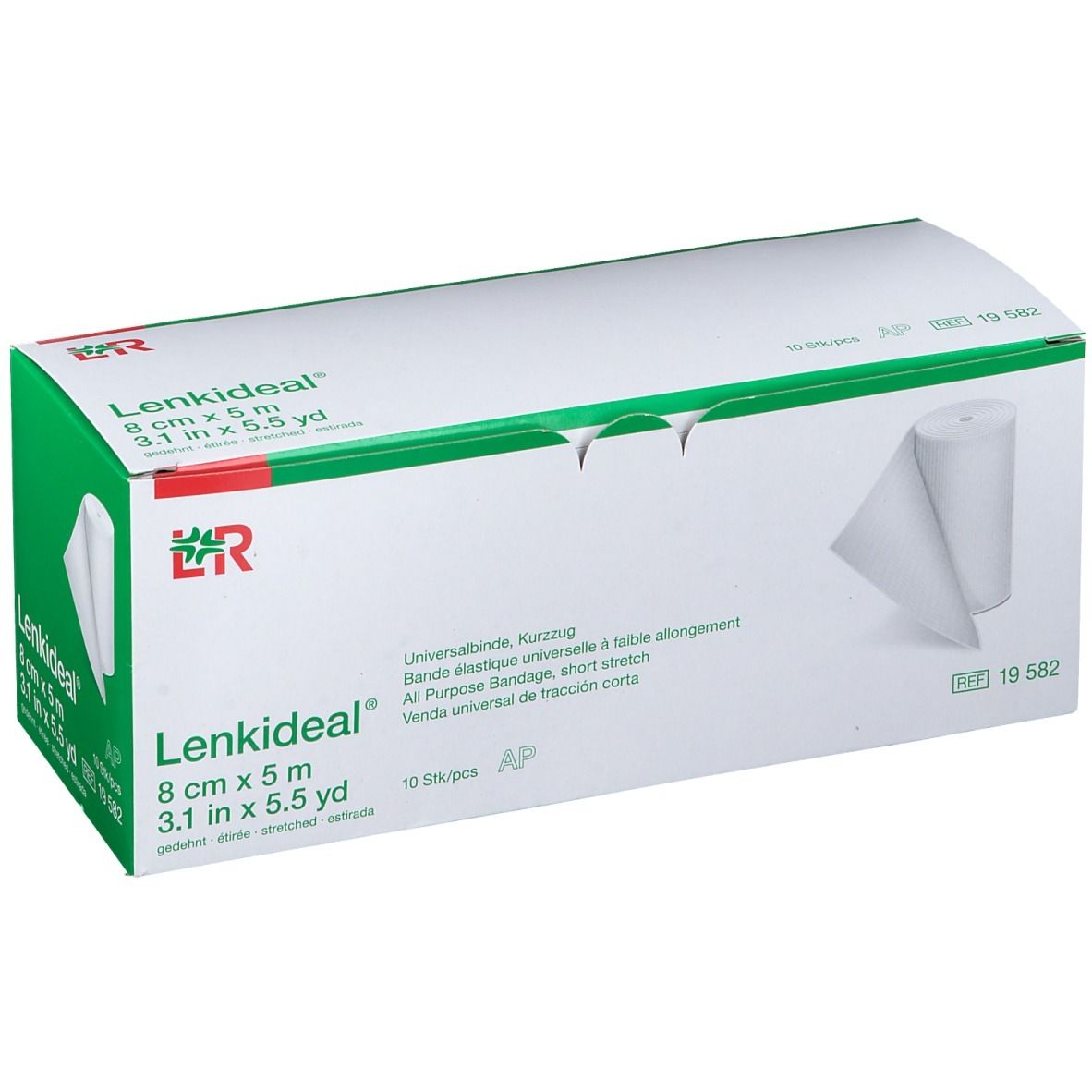 Boîte de Lenkideal® Idealbinde. Carton blanc avec accents verts et rouges. Nom du produit et dimensions visibles.