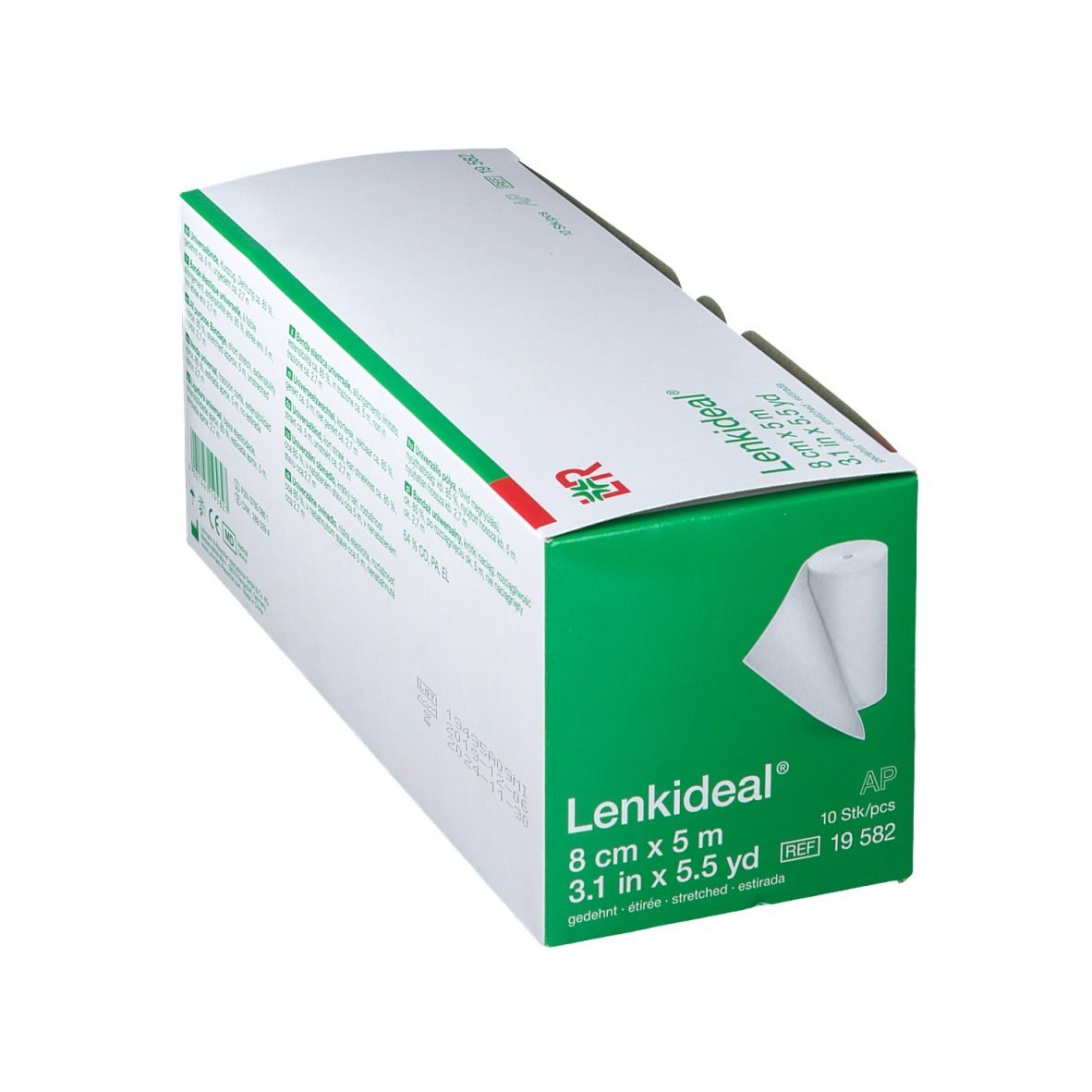 Boîte de Lenkideal® Idealbinde en biais. Carton blanc avec détails verts et rouges. Nom et dimensions du produit.