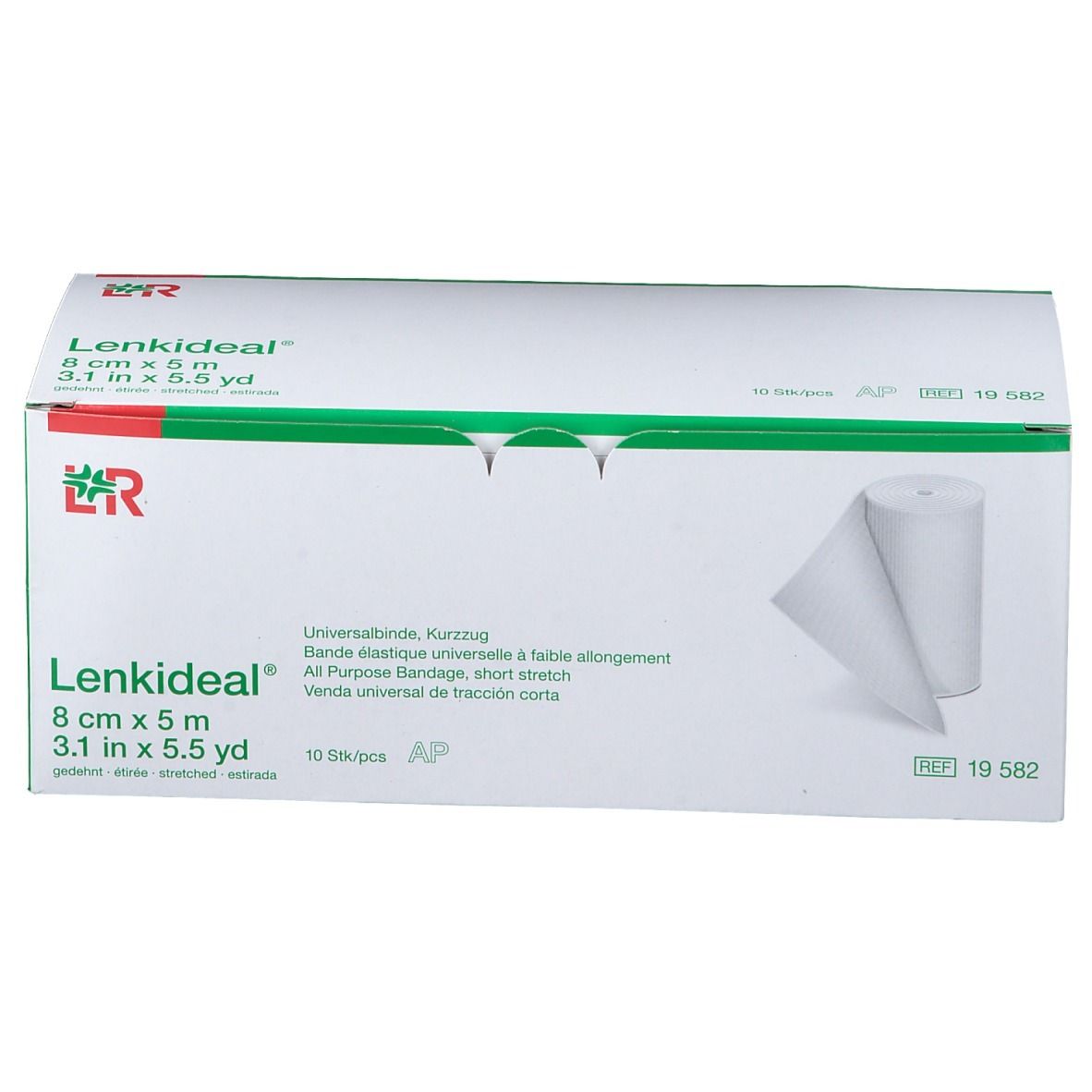 Boîte de Lenkideal® Idealbinde. Carton blanc avec accents verts et rouges. Nom du produit et dimensions visibles.