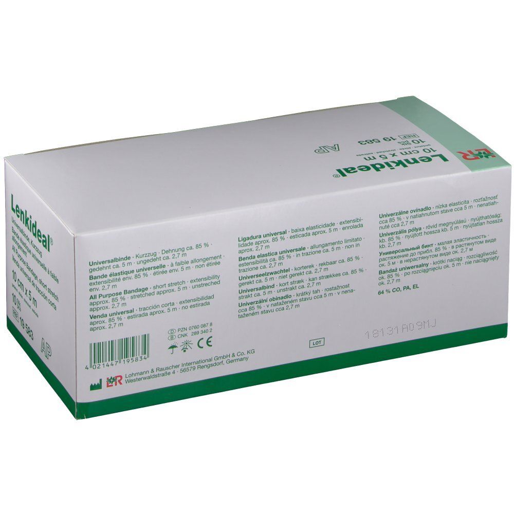 Emballage de Lenkideal® Idealbinde. Inscription : 10 cm x 5 m. Verso avec texte.