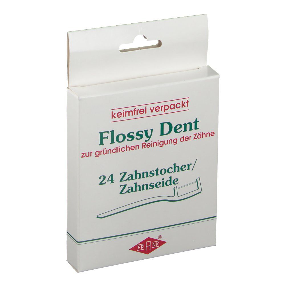 Emballage blanc avec logo "Flossy Dent". Contient 24 cure-dents/fil dentaire. Marque FRANK® en bas.