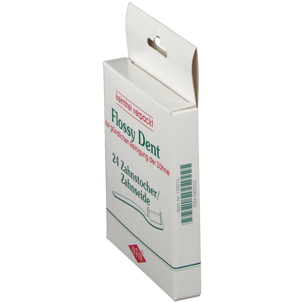 Emballage blanc avec logo "Flossy Dent". Contient 24 cure-dents/fil dentaire. Marque FRANK® en bas.
