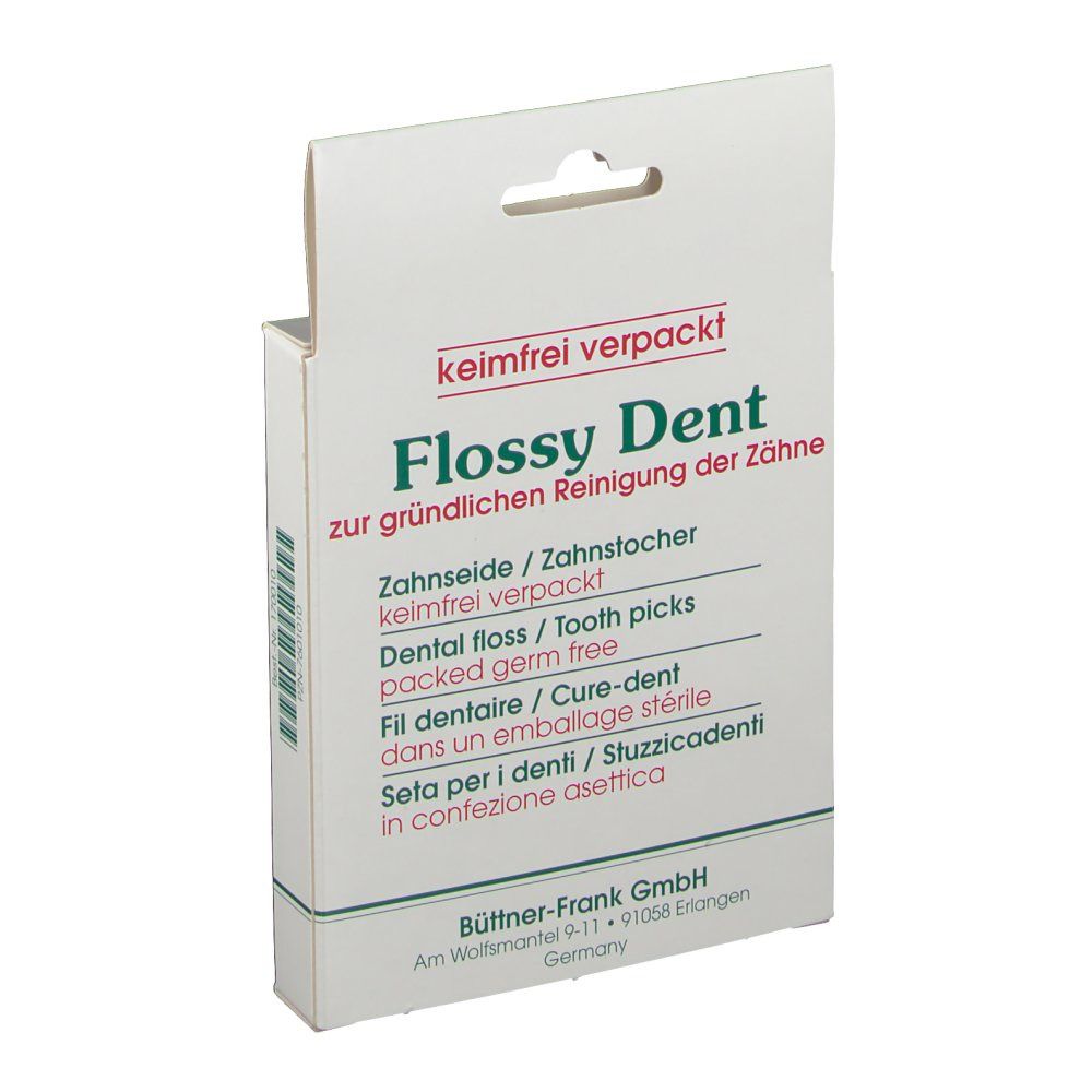 Emballage blanc avec logo "Flossy Dent". Contient 24 cure-dents/fil dentaire. Texte multilingue.