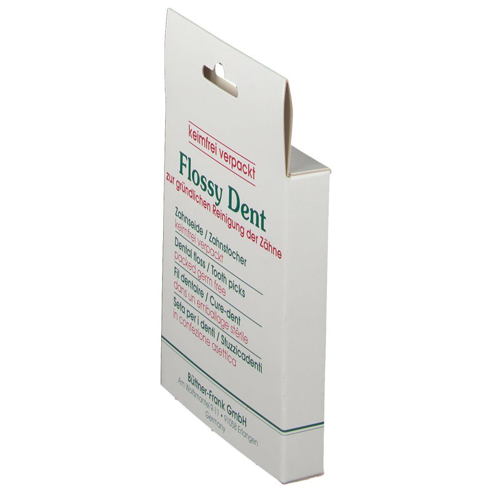 Emballage blanc avec logo "Flossy Dent". Contient 24 cure-dents/fil dentaire. Texte multilingue.