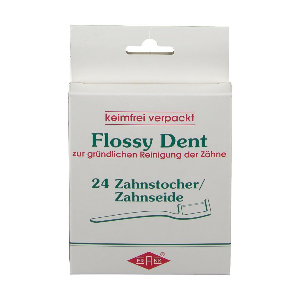 Emballage blanc avec logo "Flossy Dent". Contient 24 cure-dents/fil dentaire. Marque FRANK® en bas.