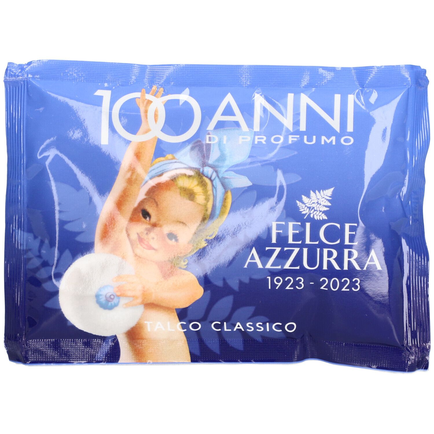 Sachet bleu avec illustration d'un bébé et inscription FELCE AZZURRA. Inscription: 100 ANNI DI PROFUMO, TALCO CLASSICO.