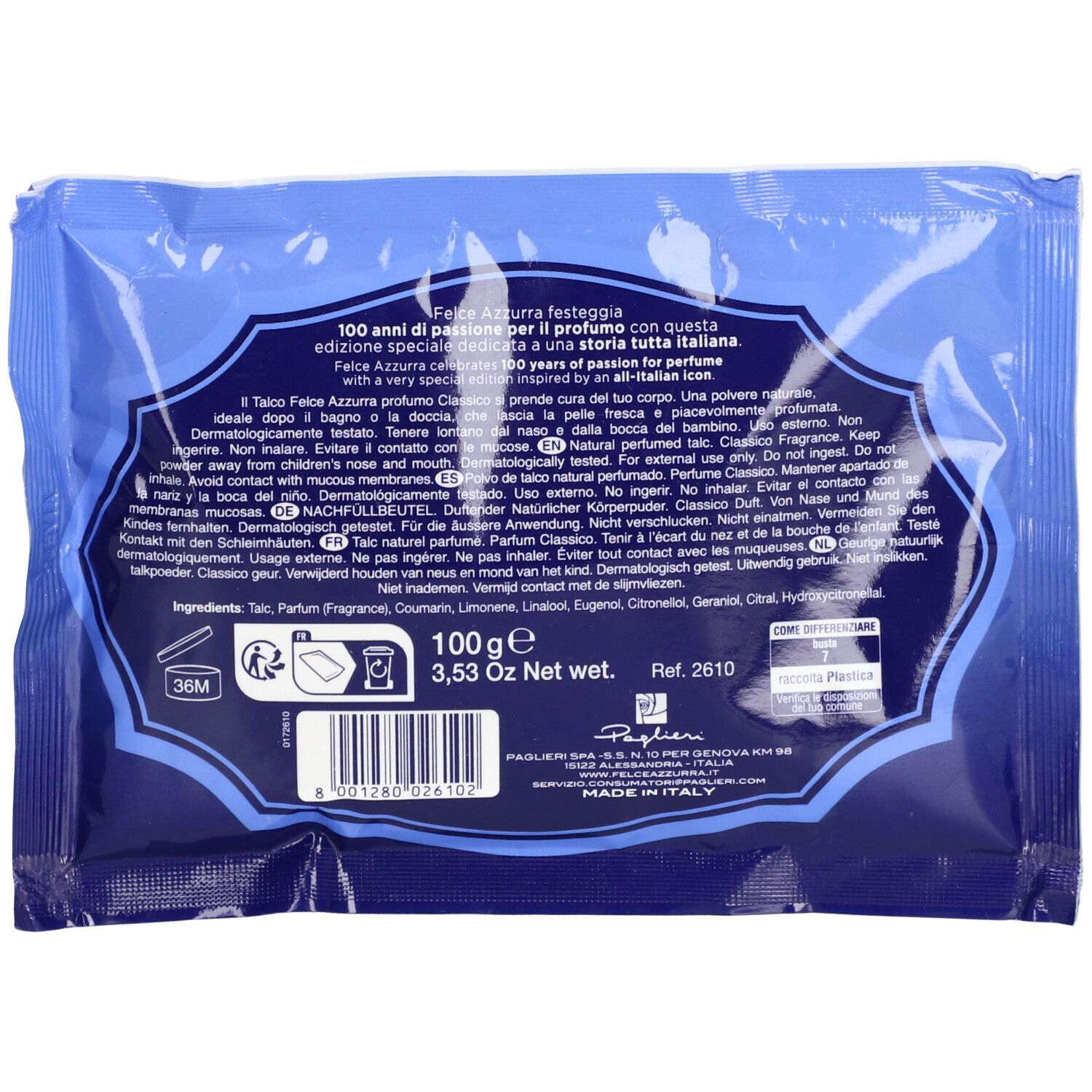 Dos du sachet bleu avec texte et informations sur le contenu. Inscription: FELCE AZZURRA, 100 g, 3,53 Oz Net.