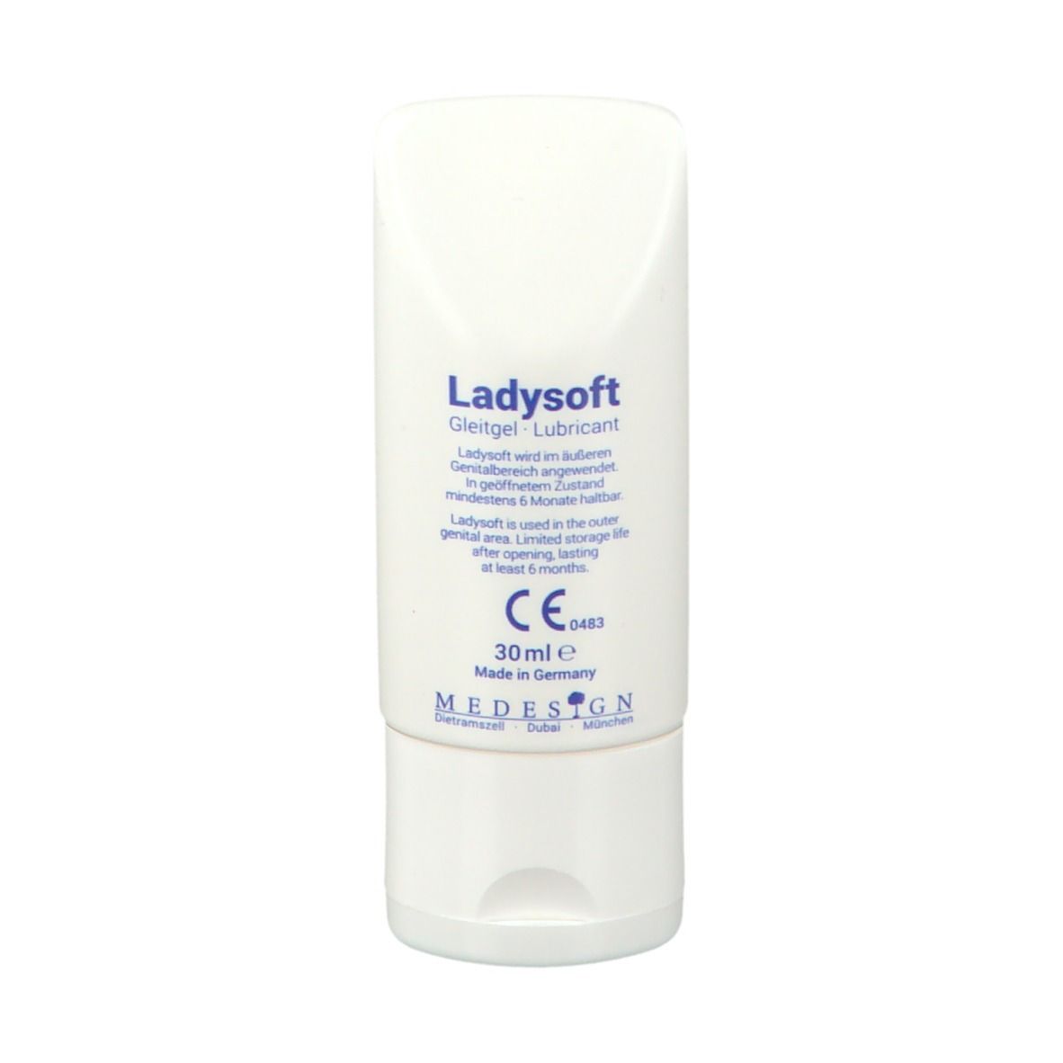 Tube blanche Ladysoft. Texte: Gleitgel, Lubricant. Marque CE, 30 ml. Fabricant: MEDESIGN.