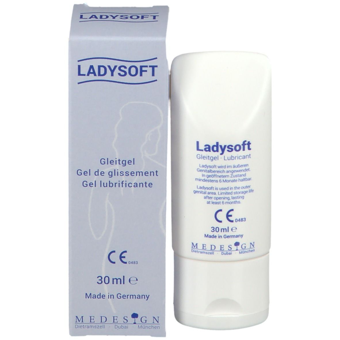 Ladysoft Gel lubrifiant et emballage. Tube et boîte. Texte: Gleitgel, Lubricant. Marque CE, 30 ml.