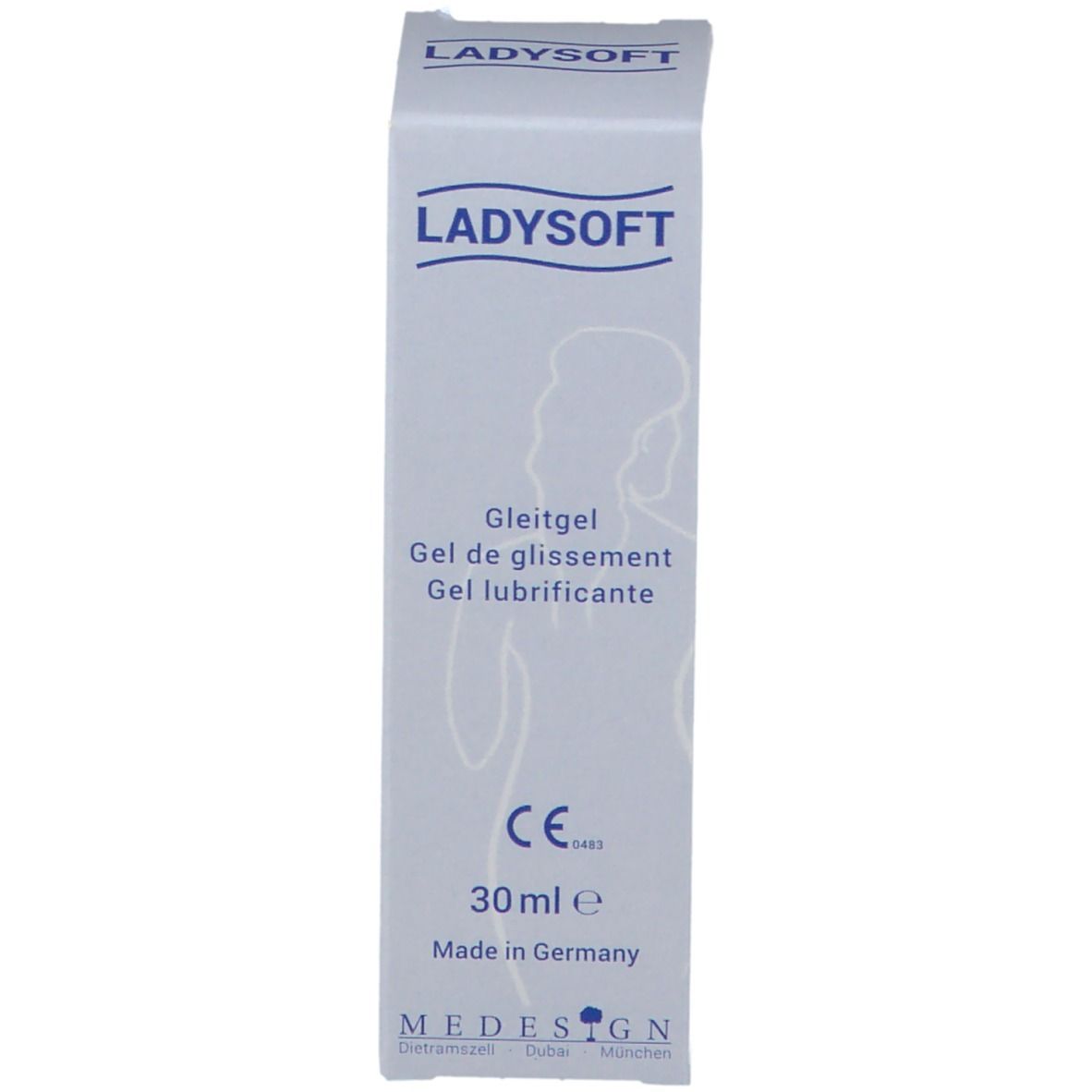 Boîte Ladysoft Gel lubrifiant. Texte: Gleitgel, Gel de glissement, Gel lubrifiant. CE, 30 ml. Fabricant: MEDESIGN.