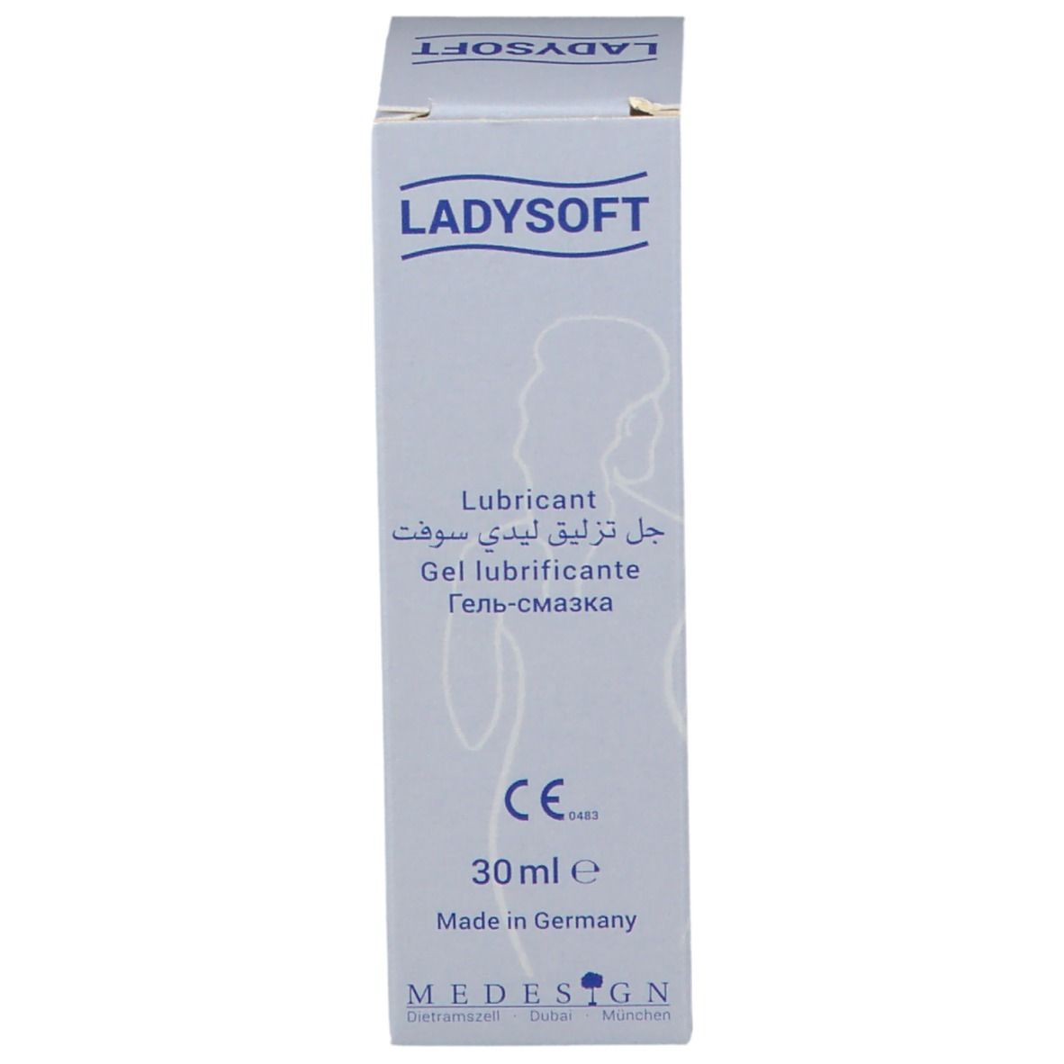 Emballage Ladysoft. Texte: Lubricant, Gel lubrifiant, Gel-smazka. Marque CE, 30 ml. Fabricant: MEDESIGN.