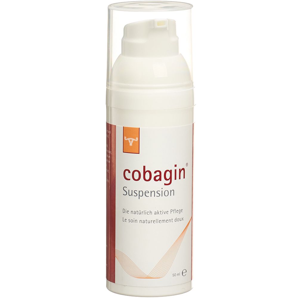 Flacon blanc avec pompe doseuse. Inscription: cobagin Suspension. Texte en allemand et français. 50 ml.